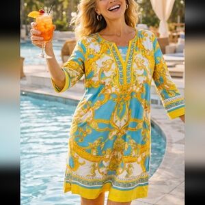 Barbara Gerwit Size L Vibrant Blue Yellow Baroque Print Knit Dress V-Neck 3/4 L